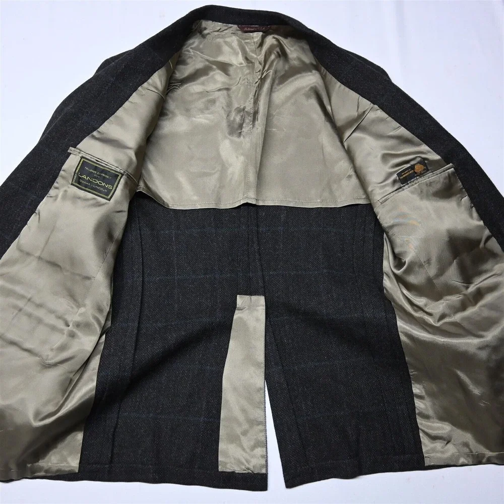 Vtg Bespoke 44L Brown Windowpane Tweed Wool Mens‎ Blazer Sport Coat Jacket